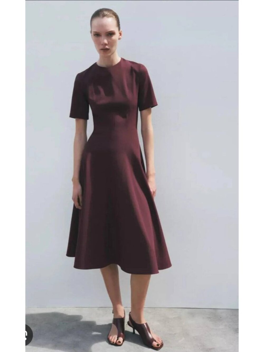 Zara Midi Godet Dress Womens Medium M Burgundy Short Sleeve New